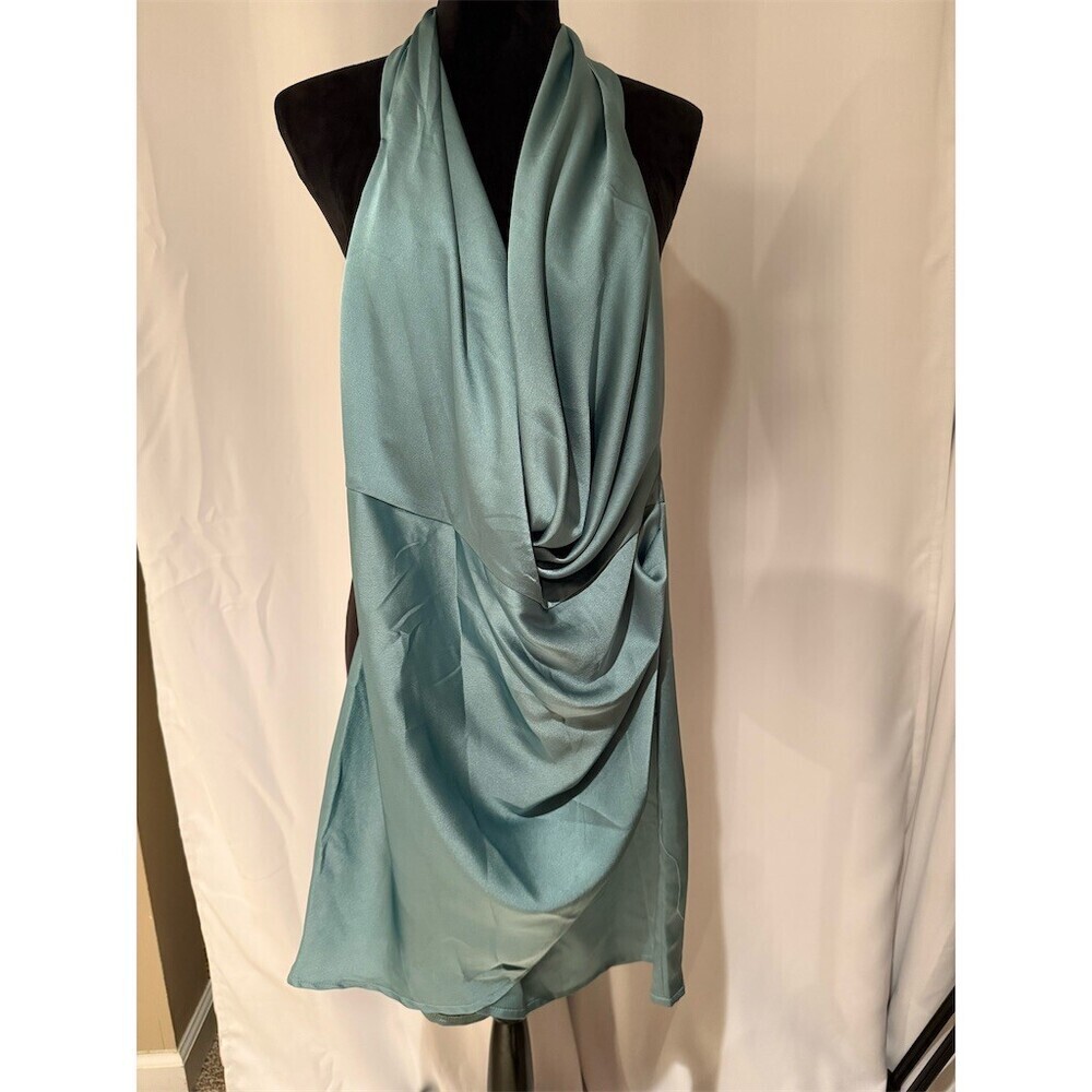 HELLO MOLLY Dress Womens XL Sage Green Drape Cowl Halter Mini Party